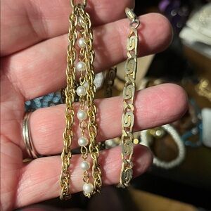 Gold Pearl Accent Chain Necklace - and gold bracelet(2) 1344 tarnished